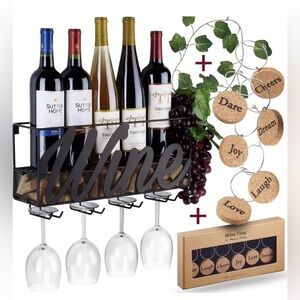 Wall Mounted Wine Rack Bottle Glass Holder Cork Storage 6 Charms Grapes W/leaves